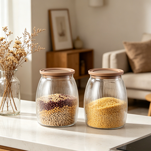 Bottiglia in <span class=keywords><strong>Vetro</strong></span> di Grande Capacità con Coperchio in Legno, Realizzata in <span class=keywords><strong>Vetro</strong></span> <span class=keywords><strong>Pyrex</strong></span> con Coperchio in Legno di Acacia, Contenitore Sigillato per Conservazione Cereali - Product Image 1