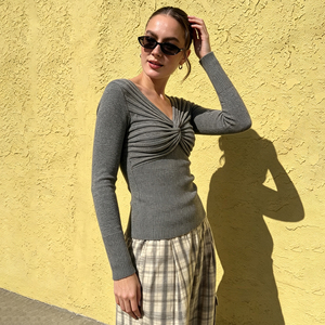 Twist Knot V Neck Cable Knit Pullover <b>Tight</b> Fit Layering Lightweight Autumn Unique Design Flattering <b>Sweater</b> - Product Image 3