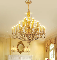 Lámpara de Techo de Lujo con Colgante de Cobre Dorado, Gran Araña de Latón Antiguo, Estilo Candelabro, para Villa Francesa, Hogar y Villa de Mediados de Siglo