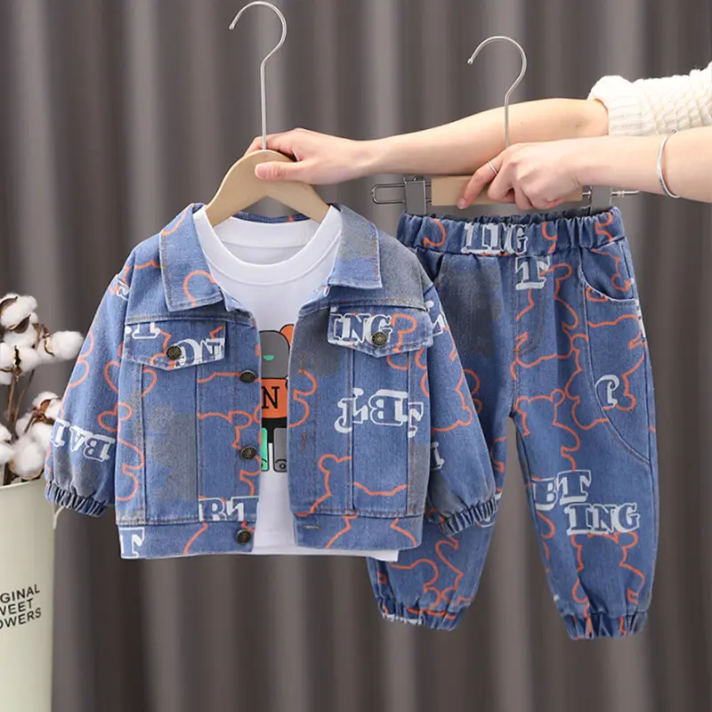 Otoño Nuevo Denim Cardigan Abrigo Conjunto de moda para niños Baby Jeans Conjunto de tres piezas al por mayor