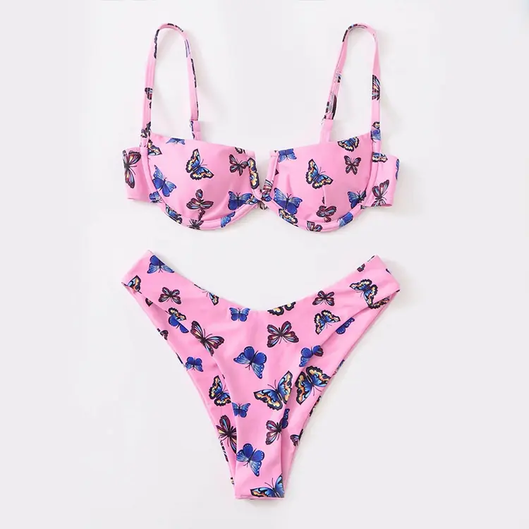 Hete Sexy Damesbadpakken Met Beugel Push-Up Vlinderprint Badkleding Met Hoge Uitgesneden Onderkant Bikini Badpakken