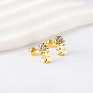 Boucles d'oreilles clous en forme d'arête de poisson avec incrustation de strass en acier inoxydable couleur or et argent, bijoux de mode - Product Image 2