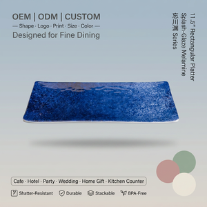 จานเมลามีนทรงสี่เหลี่ยมขนาด 11.5 นิ้ว แบบซ้อนได้ OEM ODM สีฟ้าเข้มลายนูน สำหรับเสิร์ฟอาหาร ชาร์คูเตอรี งานแต่งงาน งานเลี้ยง - Product Image 1