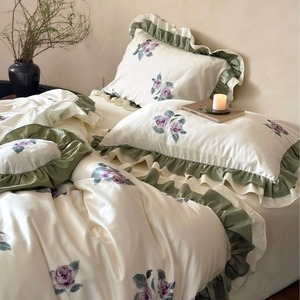 Juego de Ropa de Cama de Algodón de Fibra Larga 100% Algodón Estilo Francés, con Volantes Florales, Funda de Edredón, Fundas de Almohada y Sábanas para Uso Doméstico - Product Image 3