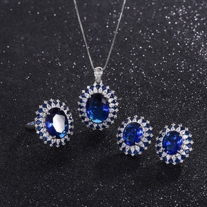 Fashion Eco-friendly Copper Oval Cut 12*16mm Blue Zircon <b>Earrings</b> Ring <b>Set</b> Fine Jewelry <b>Sets</b> 3 Piece for Evening Party Look - Product Image 3