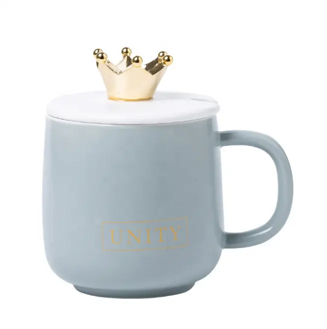 Cute Mug Porcelain Tea Cup 380ml Coffee Mug with Crown Lid Silver Spoon Gift Package Box Set for Office Holiday Gift Promotion