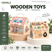 Tableau d'activités Montessori en bois avec serrures, loquets, fermetures éclair, boucles, tri de formes, rouleau à perles et cloche pour enfants