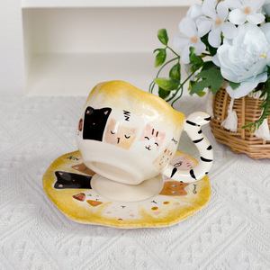Taza de café de cerámica con platillo, diseño de gato pintado a mano, estilo INS, de alta calidad, novedad creativa - Product Image 4