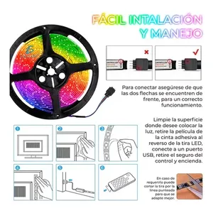 Tira de Luces LED RGB 5050 de 7M con Control Remoto, 12V CC, IP33, Alimentación USB, PCB Negro, Vida Útil de 25000 Horas, Fácil Instalación, S - Product Image 6