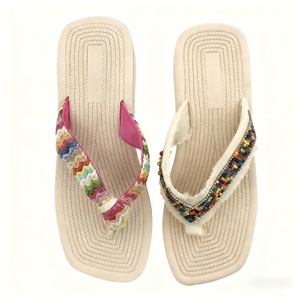 Womens Bohemian Style Wedge <b>Flip</b> <b>Flops</b> Colorful Beaded Woven Fabric Straps Comfortable Stylish Fashion Trend Eco-Friendly Spring - Product Image 3