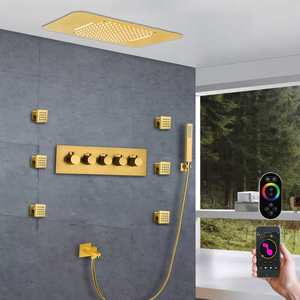 Soffione <span class=keywords><strong>doccia</strong></span> a soffitto da <span class=keywords><strong>incasso</strong></span> 23*15 pollici musica LED cascata a pioggia bagno sistema rubinetto <span class=keywords><strong>doccia</strong></span> <span class=keywords><strong>termostatico</strong></span> - Product Image 5