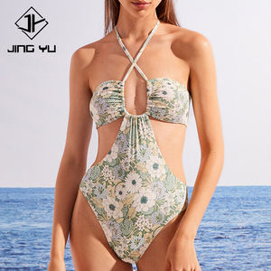 Traje de baño de una pieza con estampado playero retro, cuello halter, diseño calado, personalizado, de nailon reciclado, con cantidad mínima de pedido baja. - Product Image 1