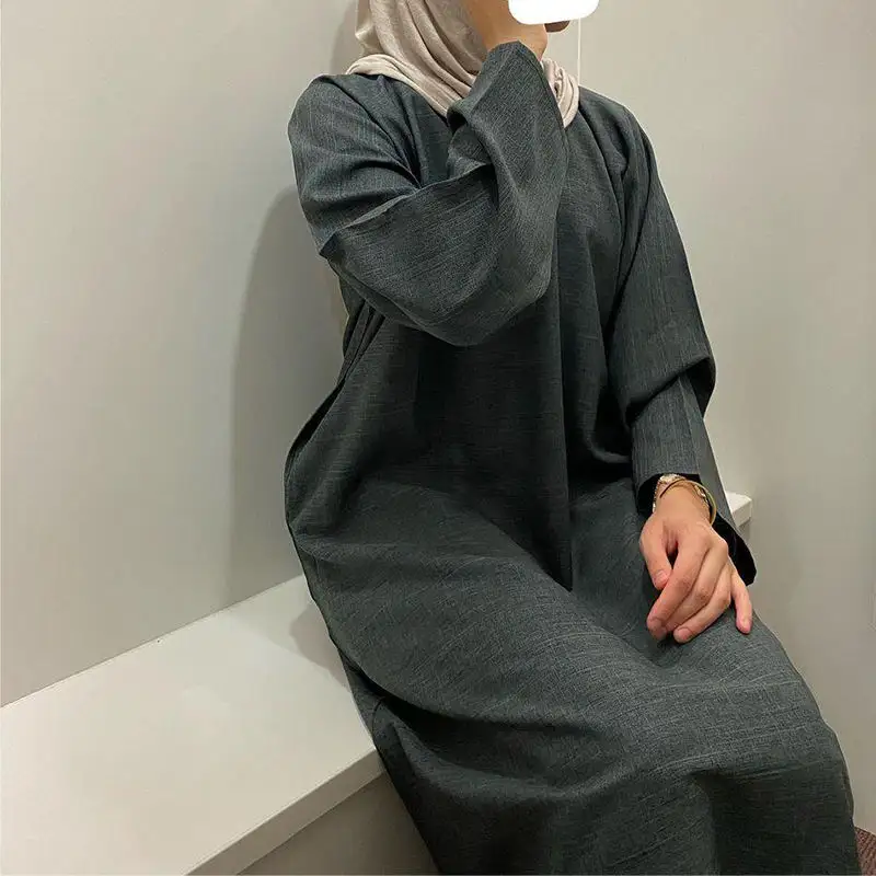 Gamis Lebaran kualitas tinggi pakaian Islami mode baru Dubai Abaya gaun Muslim wanita Linen kustom Abaya tertutup