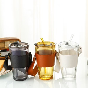 Taza de café creativa de vidrio de 450 ml con tapa, botella de agua resistente al calor, vaso para cerveza y té, taza de café para parejas con cuerda - Product Image 3