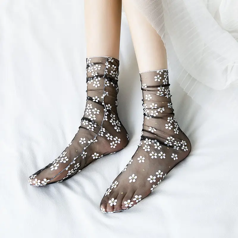 Mesh Breathable Sock girl Transparent Sexy sheer print rhinestone tiny flower socks