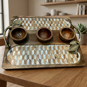 Plateau de service en bois LORD avec 3 bols, incrustation de nacre, poignée en laiton, plateau décoratif pour collations, pour service à table - Product Image 5
