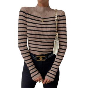 Suéter Casual de Mujer, Corte Ajustado, a <span class=keywords><strong>Rayas</strong></span>, <span class=keywords><strong>Manga</strong></span> <span class=keywords><strong>Larga</strong></span>, <span class=keywords><strong>Cuello</strong></span> <span class=keywords><strong>Alto</strong></span> Acanalado, Moderno y Cálido para Otoño e Invierno - Product Image 2