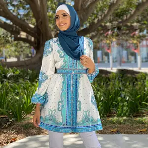 Camisa de manga larga con cuello levantado para mujer musulmana, blusa con estampado turco de Cachemira, venta al por mayor