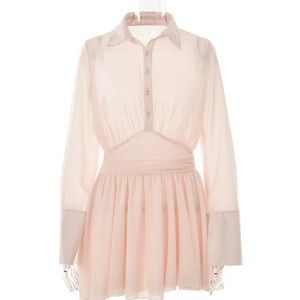 Robe d'été 2025 transfrontalière Europe-Amérique, à col à revers, simple boutonnage, col en V, volants, couleur unie, en polyester - Product Image 5
