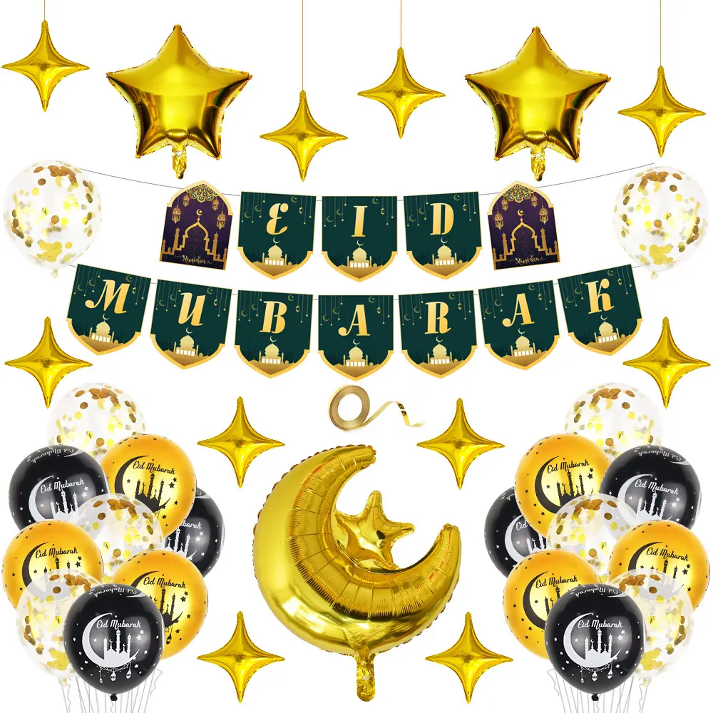Supporta il Set di decorazioni per bandiere di palloncini in lattice Eid musulmano personalizzato Eid Mubabak Letter Flags decorazione di palloncini in pellicola di alluminio