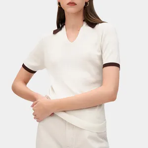 Clothing Manufacturer Custom Logo Cotton Silk Knit Color Block Turn Collar Short Sleeve Polo T Shirt For Women