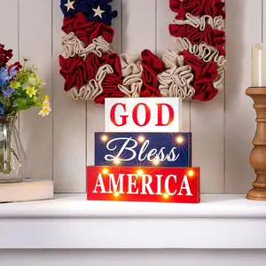 Independence Day Table Decor Patriotic American Wooden Block Distressed God Bless America Patriotic Wood Sign with LED