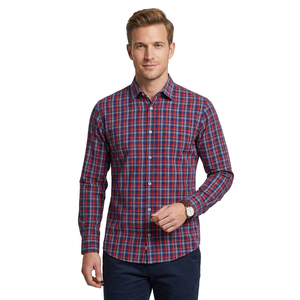 <b>Men's</b> Red Blue Plaid Full Sleeve Casual <b>Shirt</b> Turn-down Collar 100% Cotton Poplin Anti-Wrinkle Single Breasted Yarn Dyed Autumn - Product Image 1