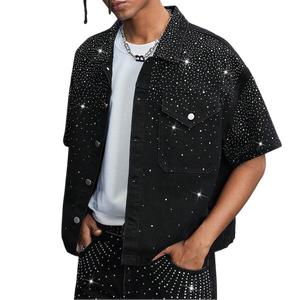 Chemise d'été pour homme DIHUI, personnalisée, avec décorations en strass, chemise décontractée en denim ample à simple boutonnage pour homme - Product Image 2