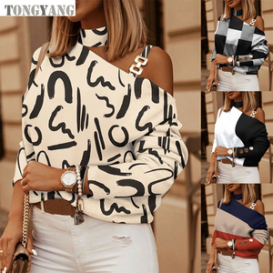 Tongyang nouvelle mode à manches longues diagonale épaule chaîne haut décoratif <span class=keywords><strong>Blouse</strong></span> femme hors épaule hauts chemises <span class=keywords><strong>Blouse</strong></span> haut pour femme - Product Image 2