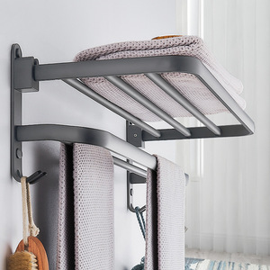 Bathroom Towel Rack Double Rod Foldable Wall Mounted Aluminum Minimalist Design No <b>Drilling</b> Required - Product Image 1