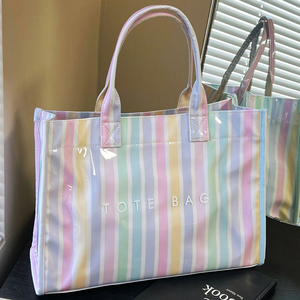 Bolsa de Mano de PVC a Rayas para Mujer con Logotipo Personalizado, Forro de Poliéster, Impermeable, Gran Capacidad, Bolsa de Hombro para Mujer - Product Image 1