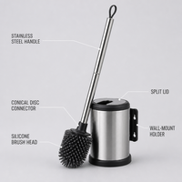 Brosse de toilette avec support mural en acier inoxydable, design rabattable anti-éclaboussures, tête en silicone, ensemble de nettoyage pour salle de bain
