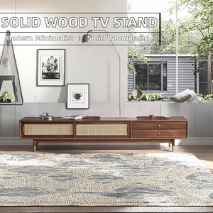 Mueble para TV de Madera Estilo Moderno de Mediados de Siglo con Puertas Corredizas y Cajones de Ratán - Product Image 2