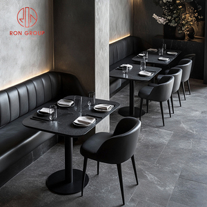 Ensemble de canapés et chaises contemporains en métal noir industriel avec revêtement en cuir, table à plateau en marbre pour restaurant, hôtel, café - Product Image 3