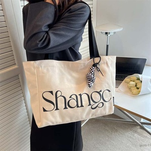 Cotton <b>Canvas</b> Tote Bag Minimalist Letter Print Large Capacity Open Top Women Shopping Bag Bulk - Product Image 5