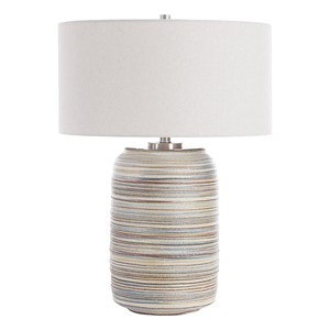 Blue Ribbed Ceramic Urn Modern Table Lamp with Gold Accent | Artisan Stylish Lighting for Hotel Feature Space & Lounge - Product Image 5
