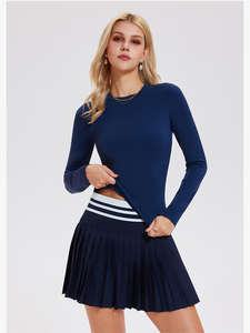 T-shirt lengan panjang tenis lari rok olahraga pinggang tinggi 2 buah t-shirt atletik Logo kustom Gym untuk wanita - Product Image 5