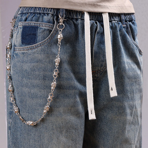 โซ่คาดเอวแบบสองด้านลายหัวกะโหลกประดับเพชร สไตล์ฮิปฮอป สีเงินทิเบต ชั้นเดียว สำหรับใส่ทุกวัน แฟชั่นเครื่องประดับร่างกาย - Product Image 3