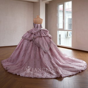 ชุดเดรสชีฟองสีชมพูสำหรับงาน Quinceanera รุ่น Rsm261059 สำหรับผู้หญิง ทรงหวาน คอวีผูกเชือกด้านหลัง ประดับเลื่อม คริสตัล โบว์ สไตล์เจ้าหญิง ทรงธรรมชาติ - Product Image 3