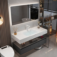 Ensemble de coiffeuse moderne gris clair avec lavabo en céramique mural et miroir à LED pour usage hôtelier