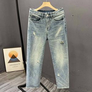 Pantalones vaqueros ajustados con parche antiguo de imitación de cintura alta para <span class=keywords><strong>hombre</strong></span>, pantalones pitillo informales ajustados con patrón sólido y tela recubierta - Product Image 2