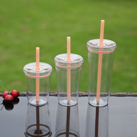 Gobelet réutilisable à double paroi pour thé Boba 350ml 450ml 650ml en acrylique pour boissons froides avec couvercle et paille colorée