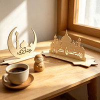 Décorations en bois Ramadan en gros d'usine, lot de 2 pièces en forme de croissant et de mosquée avec calligraphie arabe pour la décoration du Ramadan