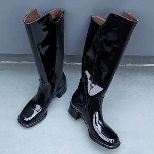 Kadınlar için Patent deri çizmeler diz çizmeler kadın ayakkabı diz yüksek deri yüksek topuk orta - Product Image 1