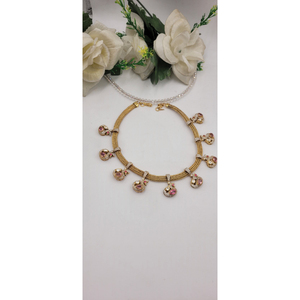 gold-plated South Indian traditional choker <b>necklace</b> features intricate temple motifs with <b>ruby</b>-colored teardrop pendants - Product Image 1