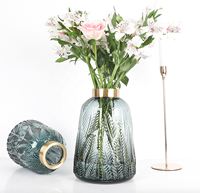Vase en verre à motif de feuilles et anneau en cuivre, nouveau style européen, vase de fleurs hydroponiques pour la maison, tulipe et pivoine, grande taille
