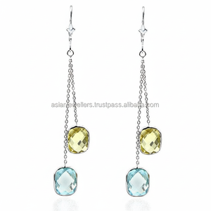 Boucles d'oreilles en topaze bleue et quartz citron en argent sterling 925 plaqué or fait à la main bijoux uniques de mode - Product Image 1