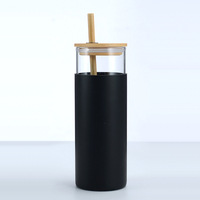 Gobelet en verre personnalisé avec logo, 20 oz, bouteille d'eau en verre, paille, manchon de protection en silicone, couvercle en bambou, sans BPA, tasse en verre de 500 ml