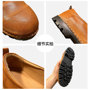Qhccid Mocasines de cuero de caballo lavado para hombre, zapatos informales sin cordones, tacón bajo, color ámbar, negro, hilo de coser de color sólido - Product Image 4