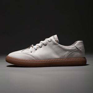 White Genuine Leather Round Toe Court <b>Sneakers</b> Lace-Up Rubber Outsole EVA Midsole All Seasons Solid Color Men's <b>Shoes</b> - Product Image 1